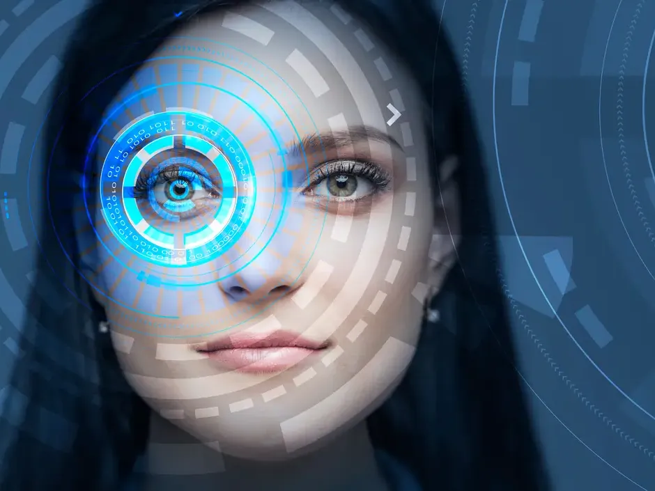 Face of a young woman with colorful hud interface near her eye