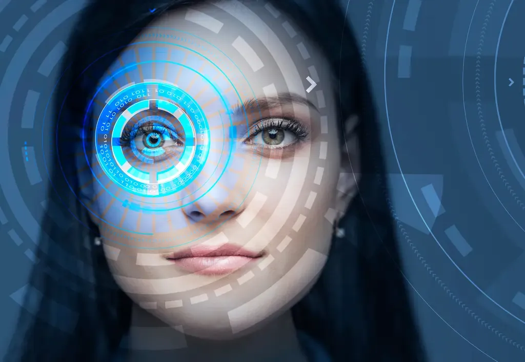 Face of a young woman with colorful hud interface near her eye