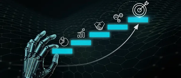 Conceptual image of a robot hand arranging blocks on a stair representing growth