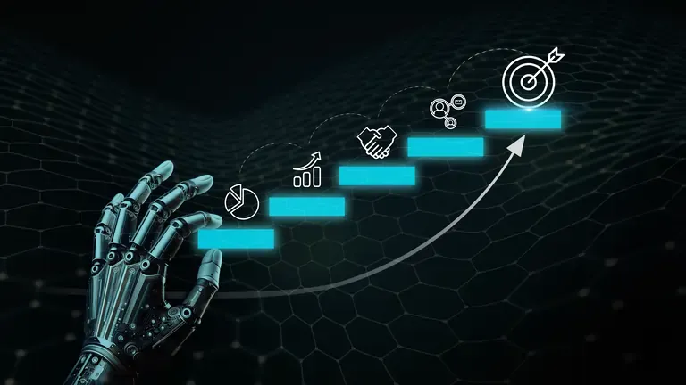 Conceptual image of a robot hand arranging blocks on a stair representing growth
