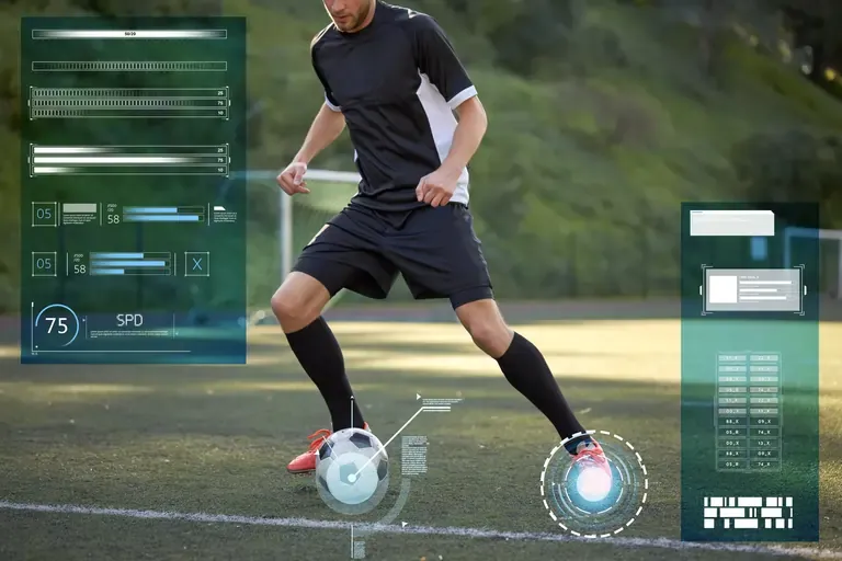 A soccer player behind a high tech hud interface representing technology use on sports