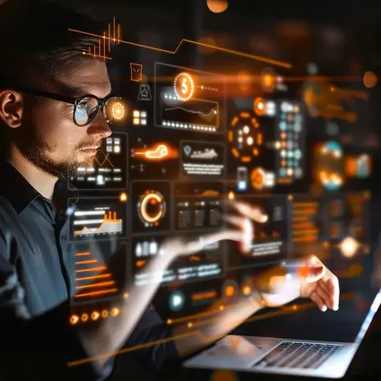 A young man in front of an hologram