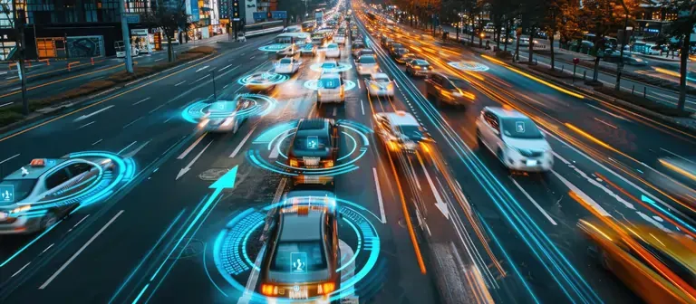 Conceptual image of data visualization of autonomous vehicles on a highway